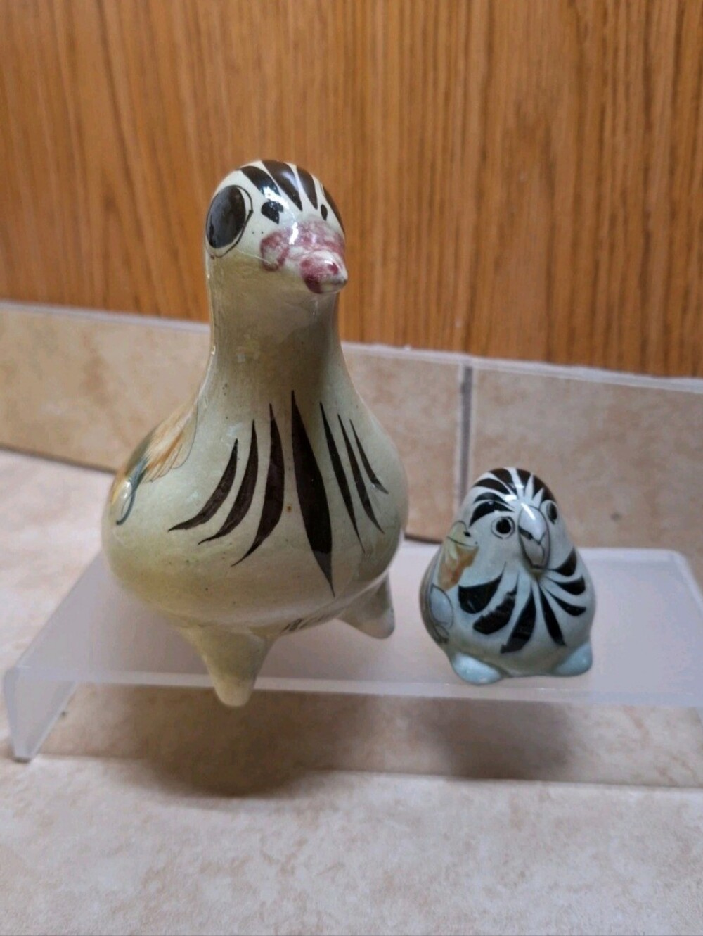 Mexican Tonala Hand Painted Ceramic Bird Dove Pigeon Glazed Figurine 8" & 2" Set